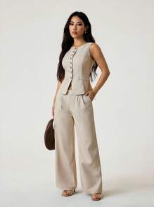 SHEIN PETITE 无袖开襟背心优雅西装和裤子套装 - 米色 - 查看 6