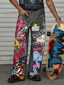 AXEPEAK 男士字母印花口袋阔腿宽松休闲裤，秋季 - 彩色 - 查看 1