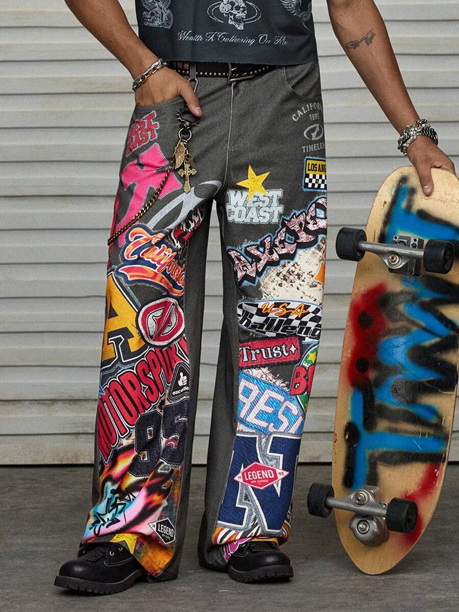 AXEPEAK 男士字母印花口袋阔腿宽松休闲裤，秋季 - 彩色 - 查看 1