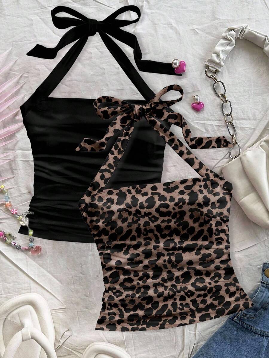 Soleia 2pcs Leopard Print Ruched Halter Top Leopard Print Top Animal Print Top Leopard Print Tie Top Animal Print Tie Top Suitable For Going Out - Multicolor - View 1