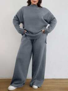 EURMUSE Damen Set bestehend aus Rollkragenpullover mit Langarm und Sweathose, zweiteiliges Set - Hellgrau - Übersicht 3