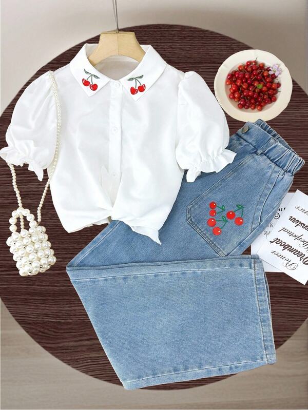 Conjunto de 2 piezas con camisa de manga corta con cuello tipo polo con estampado de cerezas + pantalones largos de mezclilla de tencel de caída natural para niñas grandes, estilo casual para ir a la escuela o de paseo