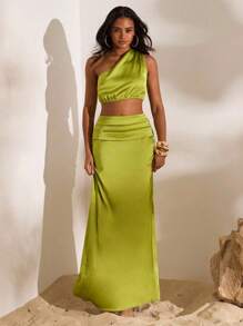 Opulessa 2 pezzi/set Abbigliamento donna per vacanze: top monospalla, gonna con orlo spaccato, vestito aderente sexy, adatto per eventi e feste - Verde - Visualizzare 7