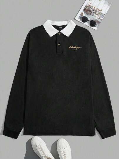 Manfinity VCAY Men Letter Graphic Contrast Collar Long Sleeve Quarter Button Color Block Going Out Casual Polo Shirt