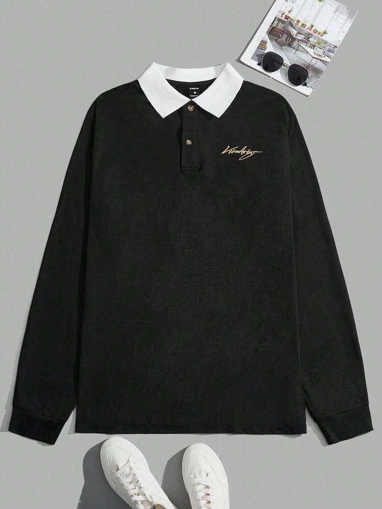 Men Letter Graphic Contrast Collar Long Sleeve Quarter Button Color Block Going Out Casual Polo Shirt
