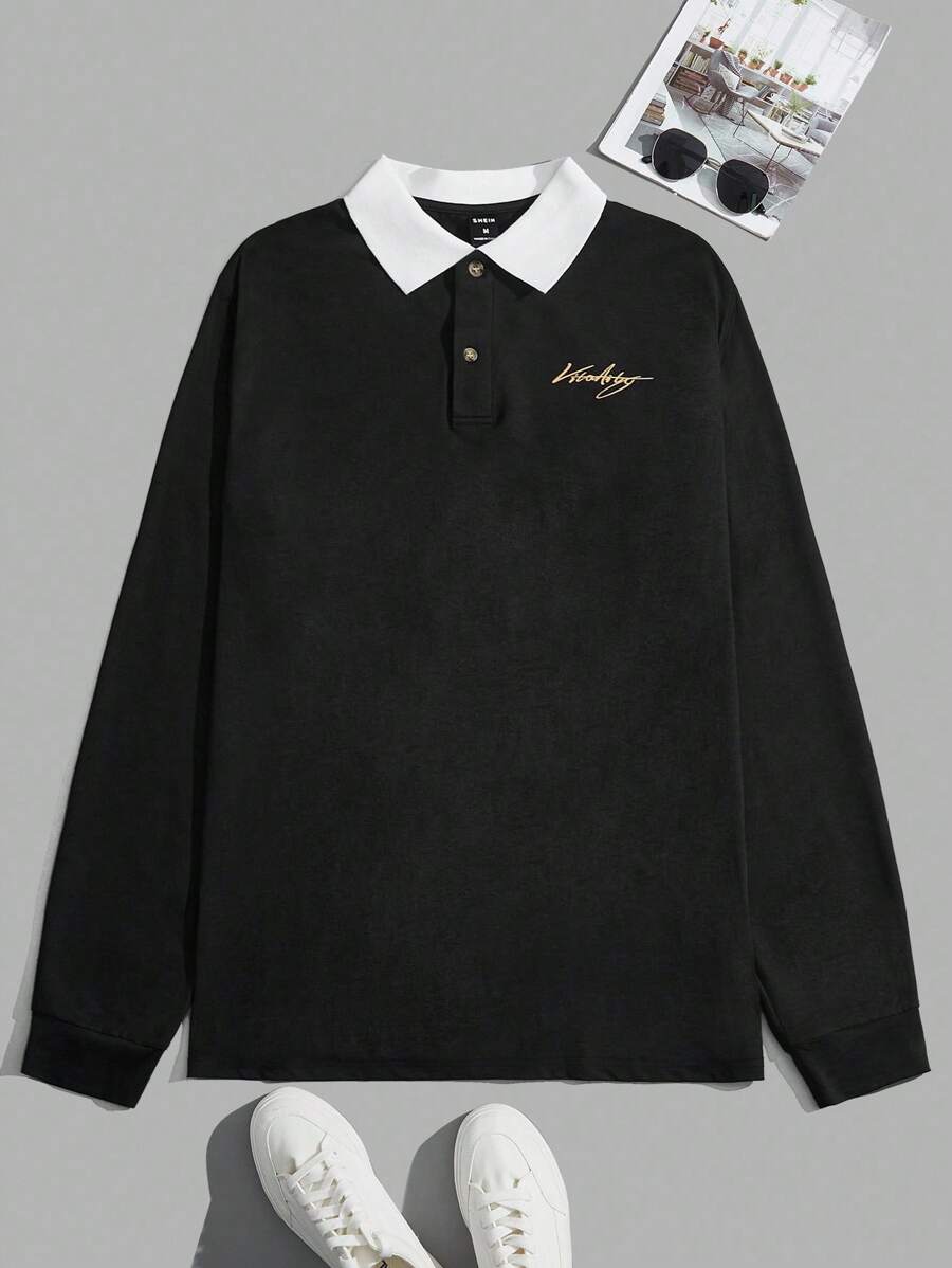 Manfinity VCAY Men Letter Graphic Contrast Collar Long Sleeve Quarter Button Color Block Going Out Casual Polo Shirt - Black - View 1