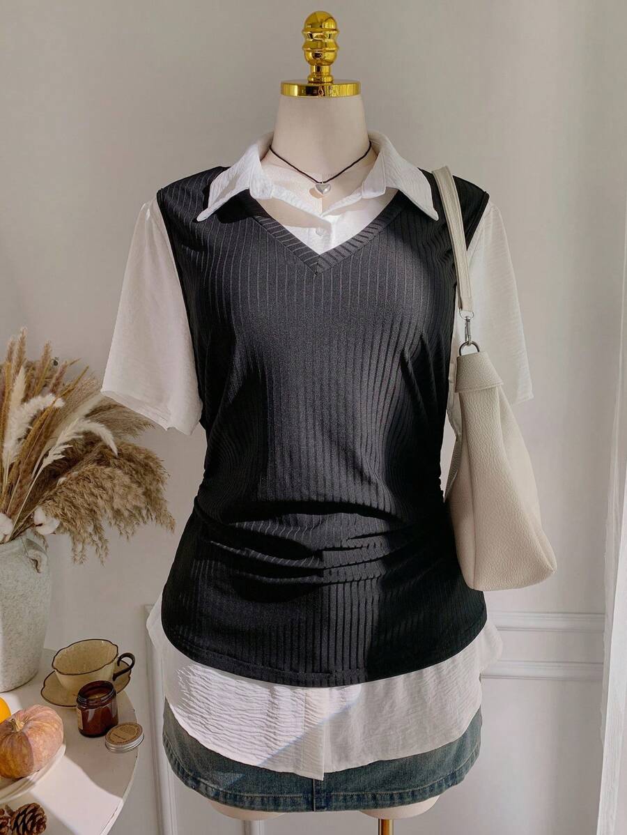 SHEIN EZwear 大码女式时尚收腰二合一短袖衬衫 - 黑與白 - 查看 1