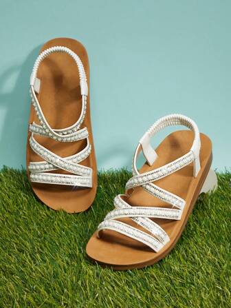 Mini mi Princess Ready Girl's White Elegant Pearl-Accented Straps Footbed Sandals-Elegant & Easy For Everyday Or Events