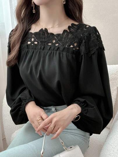 FRIFUL 女式黑色撞色蕾丝褶皱袖口宽松休闲百搭衬衫，秋季长袖上衣