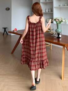 DAZY Plaid Ruffled Hem Slip Dress With Bow Decor, Back To School Clothes Pajama, Moo Moo - Yellow - View 2