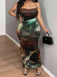 SHEIN SXY 1 件女式大码休闲简约全印花图案连衣裙，适合夏季