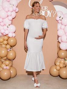 Loomaby Elegant Maternity Off-Shoulder Solid Color Mermaid Hem Dress, Summer,Gender Reveal Dress,Maternity Dress,Baby Shower Dress - White - View 4