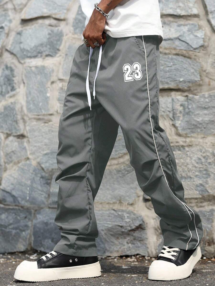 Manfinity Hypemode 男士数字印花抽绳腰褶宽松休闲裤 Y2k 街头潮流裤 灰色，秋季 - 灰色 - 查看 1