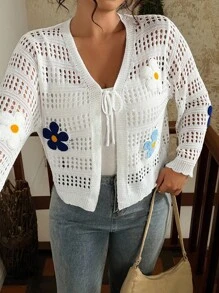 SHEIN VCAY Plus Size Vacation Casual 3D Floral Decor Hollow Front Tie Women Knitted Cardigan Sweater, For Autumn