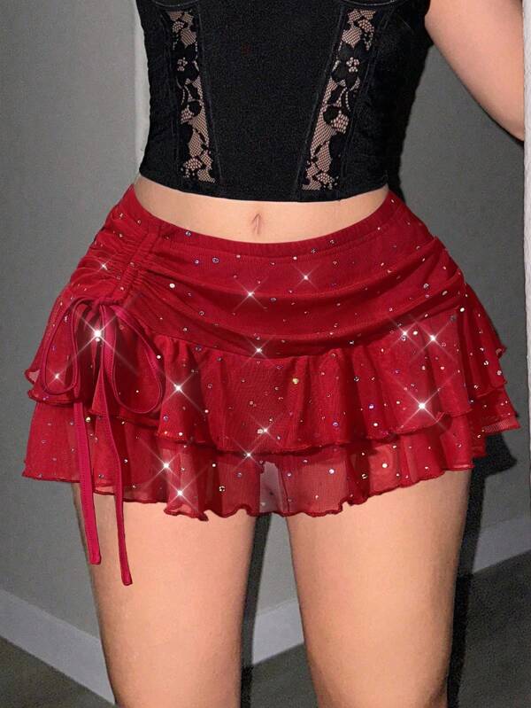 Sweetina Ultra Low Waist Ruched Tie-Front High Slit Layered Glitter Mesh Mini Skirt