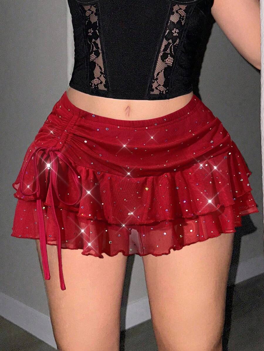 Sweetina 超低腰褶饰系带高开衩分层闪光网眼迷你裙 - 紅色 - 查看 1