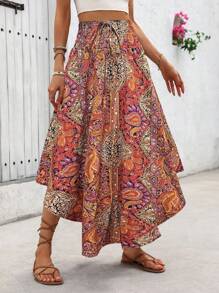 SHEIN PETITE Women's Multi-Color Print Drawcord Waist Asymmetrical Hem Casual Vacation A-Line Skirt, Suitable For Petite - Multicolor - View 3