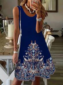 EMERY ROSE Vestido midi sin mangas azul con estampado retro talla grande - Multicolor - Ver 1