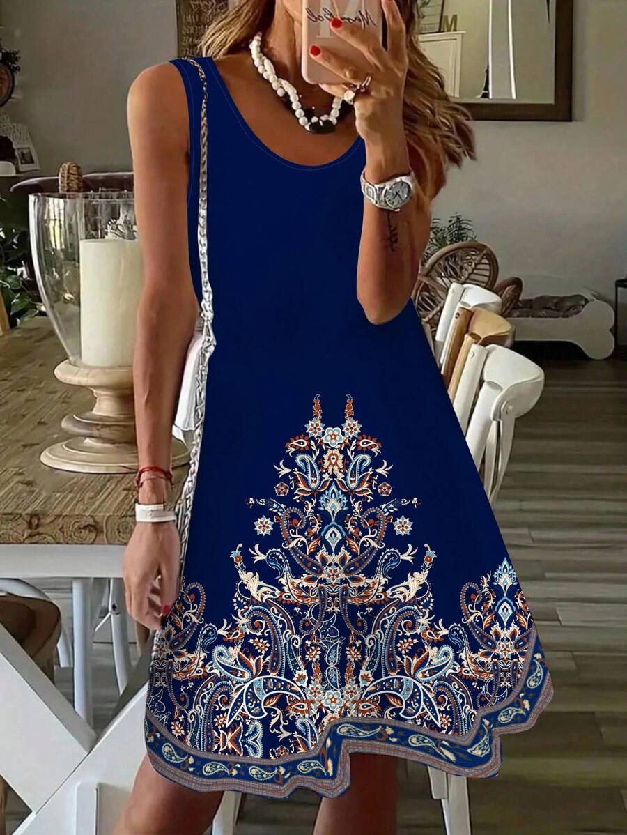 EMERY ROSE Vestido midi sin mangas azul con estampado retro talla grande - Multicolor - Ver 1
