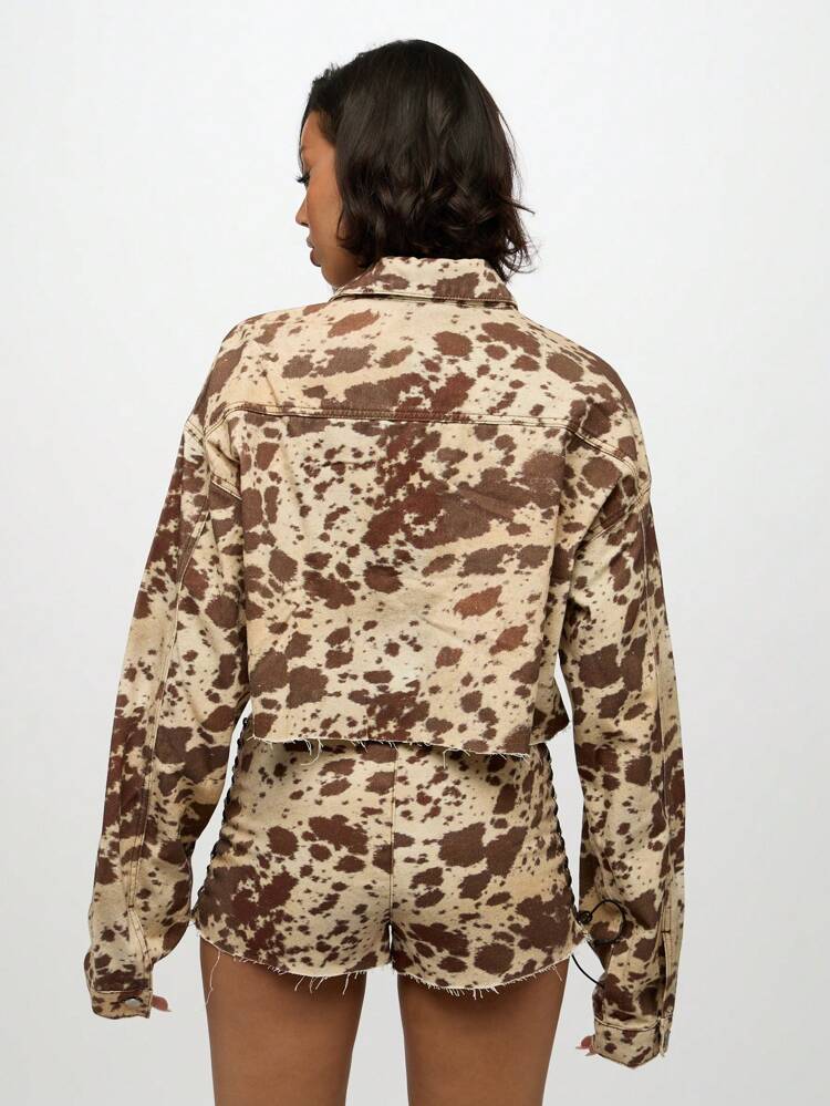 SUMWON WOMEN Cropped Trucker Jacket With Cow Print And Raw Edges