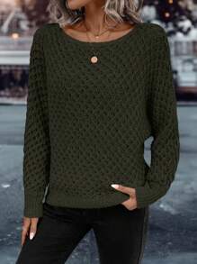EMERY ROSE Suéter de punto con mangas de murciélago de unicolor minimalista para mujer, otoño e invierno - Verde - Ver 7