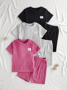 SHEIN 男童三件套字母贴花T恤和短裤 - 彩色 - 查看 1