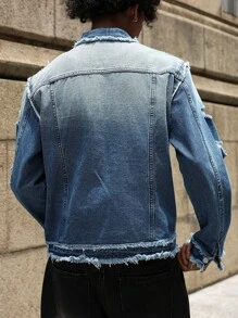 PAVTROS Áo khoác denim rách màu xanh nhạt rách rưới dáng ôm vừa vặn dành cho nam, phong cách đường phố thường ngày, áo khoác grunge, áo khoác denim rách dành cho nam, phong cách Emo - Rửa trung bình - Xem 2