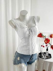 Sweetra Áo ba lỗ thêu ren lãng mạn kiểu Pháp dành cho nữ, thiết kế vừa vặn, không tay, áo lót đa năng hoặc áo khoác ngoài - trắng - Xem 6