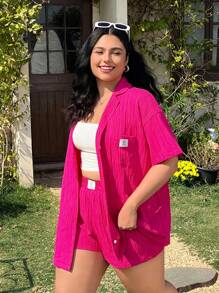 Solflare 大码紫红色短袖衬衫和短裤 2 件套 - 玫紅色 - 查看 5