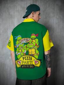 TEENAGE MUTANT NINJA TURTLES | SHEIN Men's Casual Street Cartoon Pizza & Letter Graphic Color Block Loose Fit Shirt, Summer