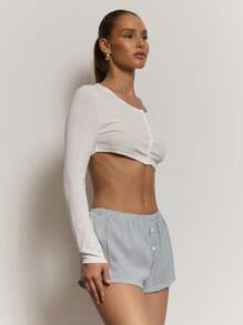 MUSERA Button Front Scooped Long Sleeve Crop Top Cute Holiday Vacation Casual Sexy Elegant Classy Girly Airport Basics Collective Office Attire For Women, Office Wear Women Back To School Fall Autumn Elegant