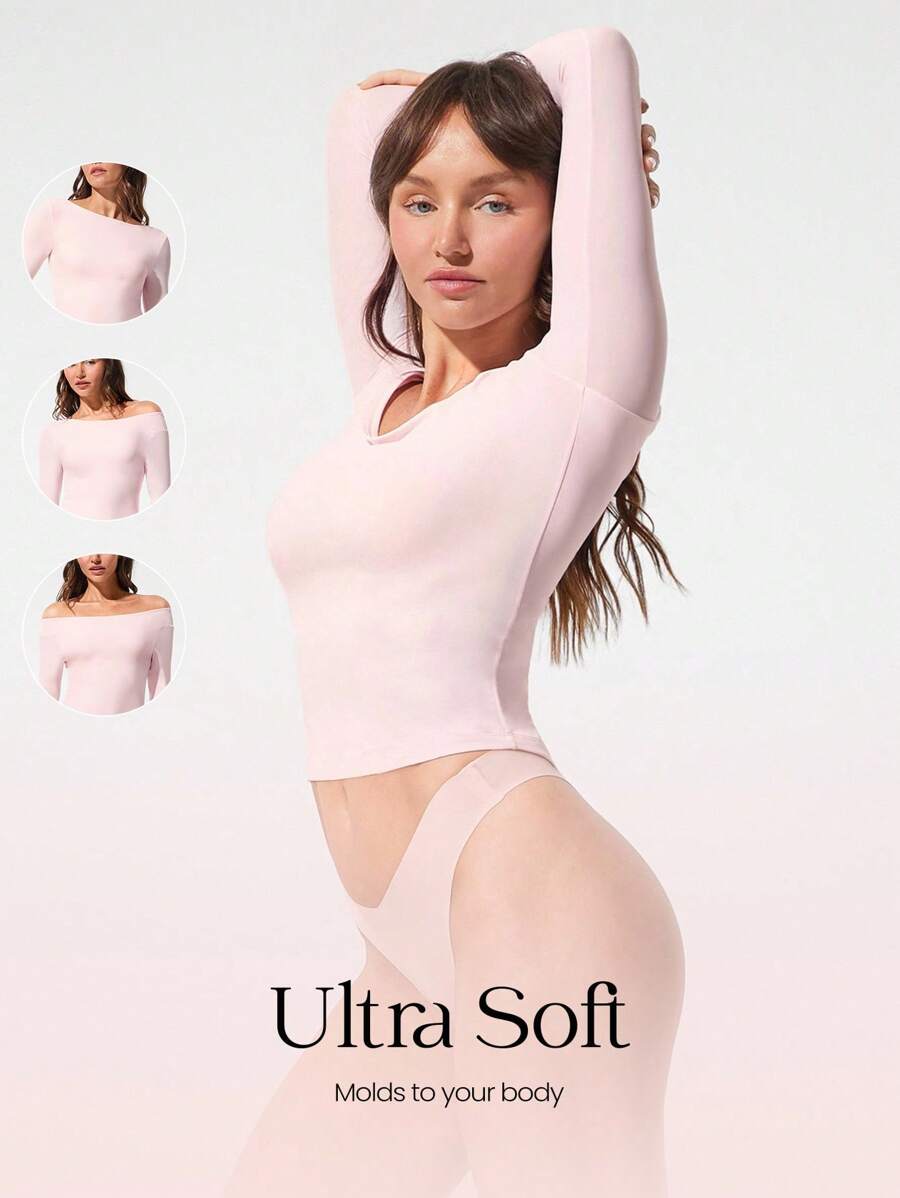 GLOWMODE Flow & Glow Soft Stretchy Lightweight Slim Fit Double Layer Reversible Scoop Neck Long Sleeve Top Base Layer Daily Casual Wear - Baby Pink - View 1