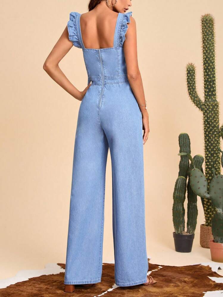 Selenza Ruffle Trim Wide Leg Denim Jumpsuit | SHEIN