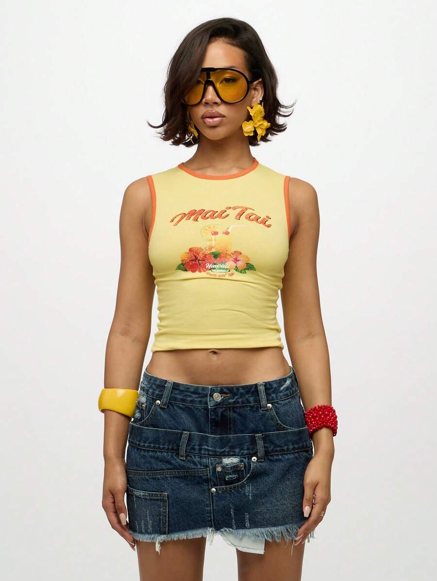 SUMWON WOMEN 夏季 Mai Tai 图案露脐背心，度假休闲夏威夷热带花卉印花无袖修身沙滩派对节日T恤 - 黃色 - 查看 1