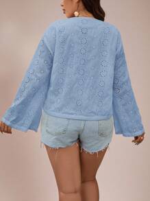 SHEIN VCAY 女士大码休闲纯色梭织宽松系带长袖衬衫 - 淺藍色 - 查看 2