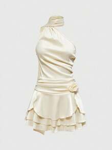 ROMWE EDITION 缎面性感露背 3D 花卉白色挂脖 A 字裙，修身优雅女式派对礼服，春季 - 白色 - 查看 1