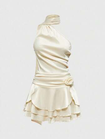 EDITION Satin sexy rückenfreies 3D Blumen weiß Neckholder A-Linie Kleid, schlanke Passform elegantes Partykleid für Frauen, Frühling