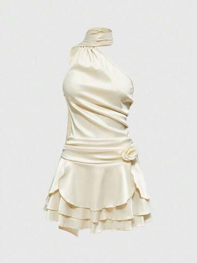 EDITION Vestido satinado blanco con escote halter y espalda descubierta, con flores en 3D, corte evasé delgado, vestido elegante para fiestas para mujer, primavera