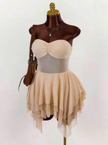 Amplova 1 pieza Vestido mini sexy transparente con bajo asimétrico talla grande, para verano - Albaricoque - Ver 6