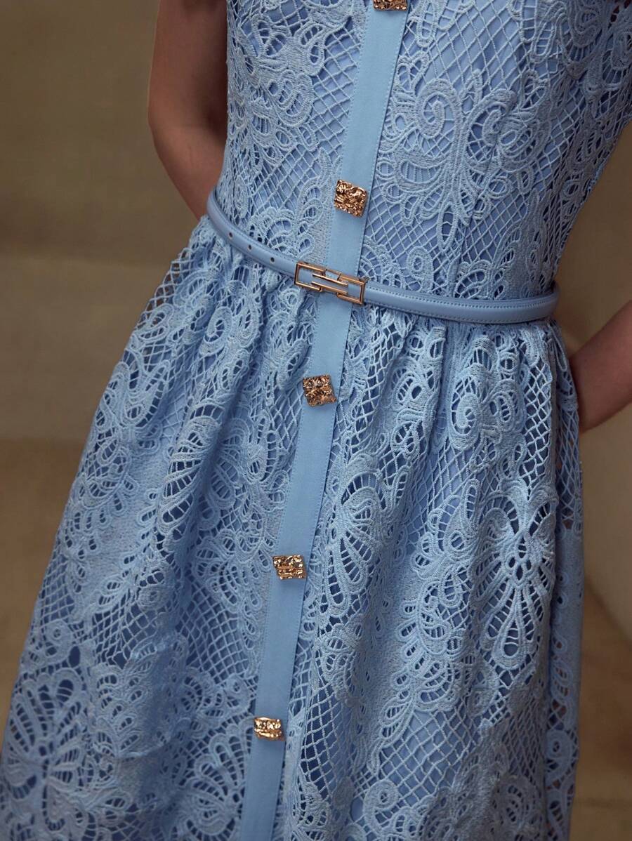 MOTF PREMIUM GUIPURE LACE BELTED DRESS - Blue - View 2