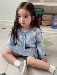 DAZY 女婴心形图案长袖单排扣休闲开衫 - 淺藍色 - 查看 5