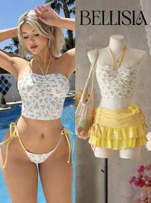 SHEIN Swim Tankini Halter Floral Amarelo Ditsy Feminino para Férias