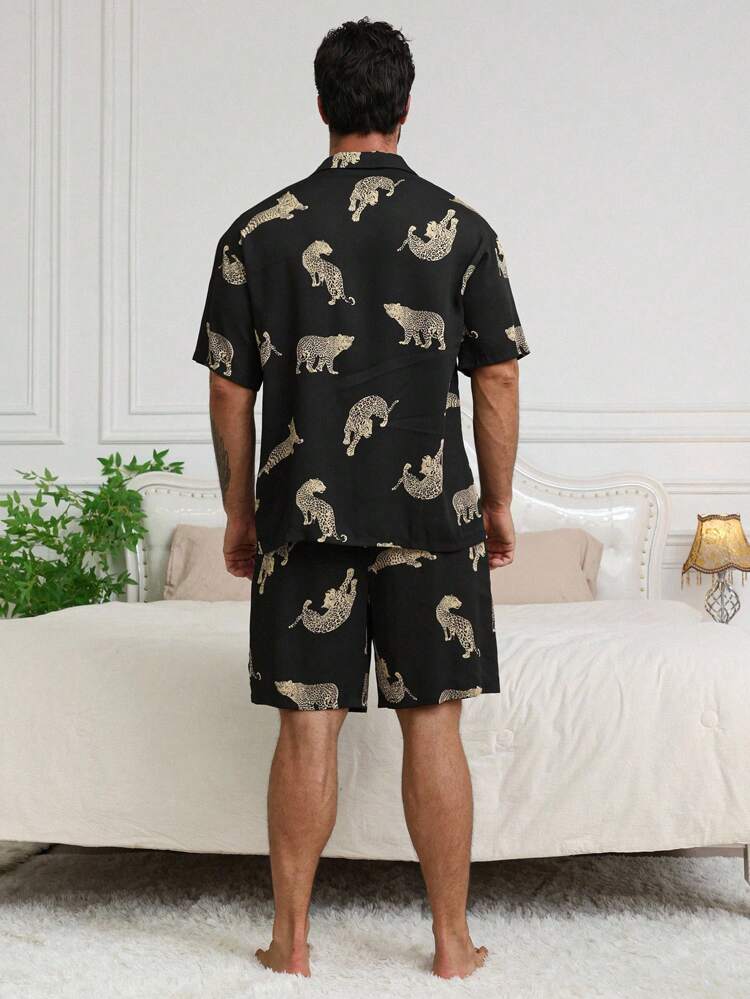 Men's Leopard Allover Print Shirt & Shorts Pajama Set, Summer Loungewear