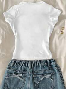 青少年女孩简单休闲英文字母图案短袖短款T恤，适合夏季 - 白色 - 查看 2