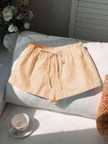 SHEIN EZwear 女士条纹棉麻休闲短裤，夏季 - 黃色 - 查看 3