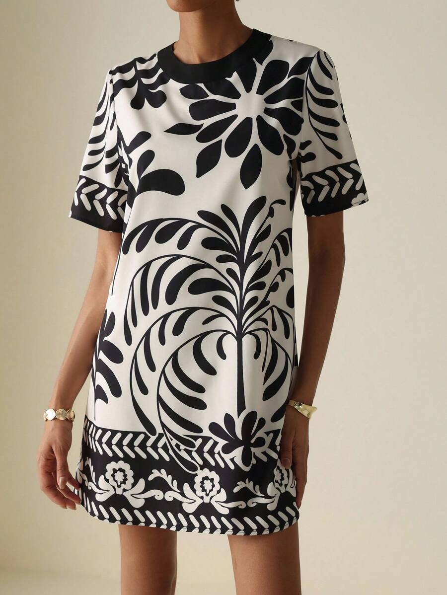 Vesra Printed Round Neck Short Sleeve Mini Summer Dress