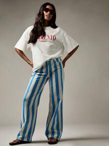 印花条纹直筒高腰牛仔裤 - 彩色 - 查看 4