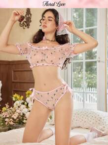 Bộ áo ngực ren hoa ngọt ngào gợi cảm, áo ngực và quần lót thêu nơ vá lãng mạn đồng quê - Hồng - Xem 7