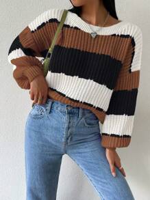 EMERY ROSE Women's Casual Everyday Contrast Color Round Neck Oversized Sweater Knit Pullover Fall Winter, Christmas - Multicolor - View 5