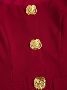 SHEIN PETITE 春夏休闲商务装方领高腰金扣短裙套装酒红色小码 - 酒紅色 - 查看 7